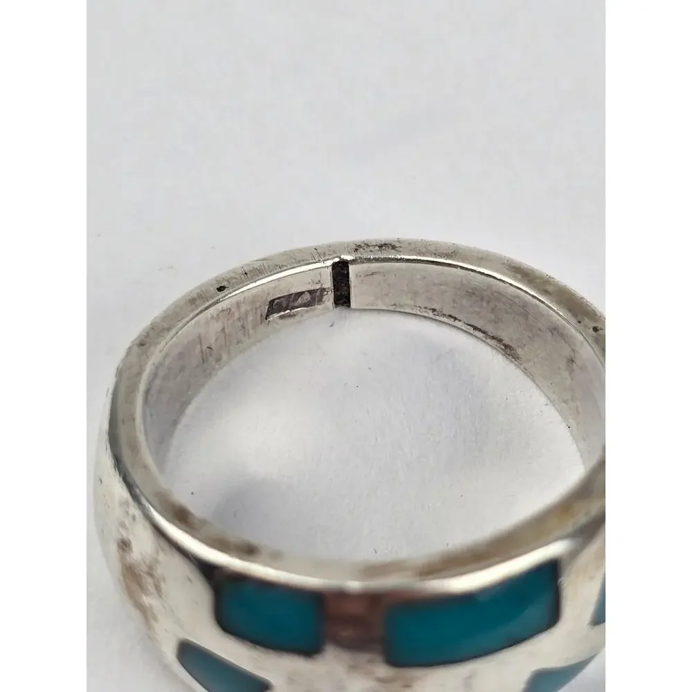 Vintage Sterling silver Band ring with Mosaic inlay Turquoise Size 7.25